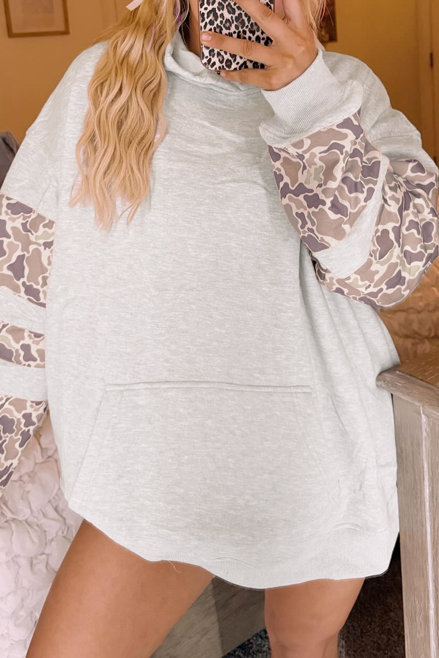 Light Grey Patchwork Camo Long Sleeve Hoodie