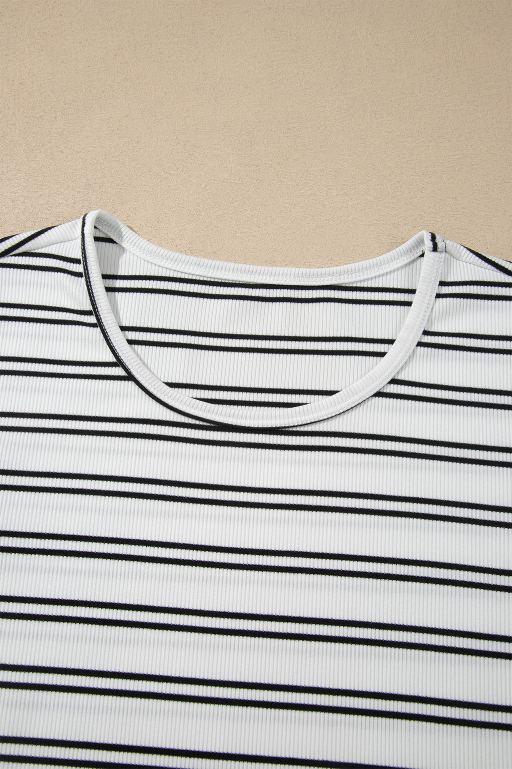 Beige Stripe Ribbed Knit Round Neck Long Sleeve Top