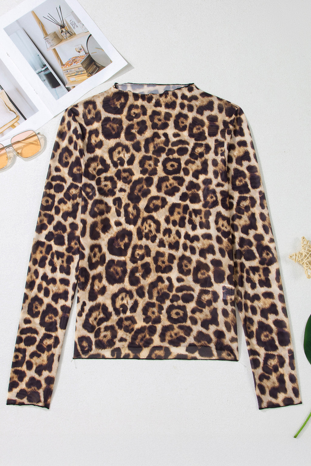 Smoke Gray Floral Print Slim Fit Mesh Long Sleeve Mock Neck Top