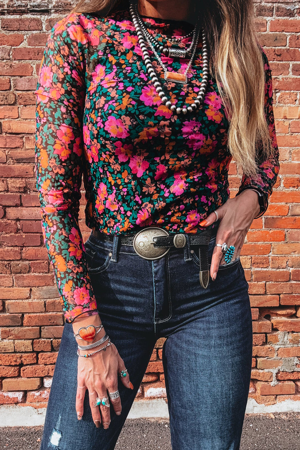 Smoke Gray Floral Print Slim Fit Mesh Long Sleeve Mock Neck Top