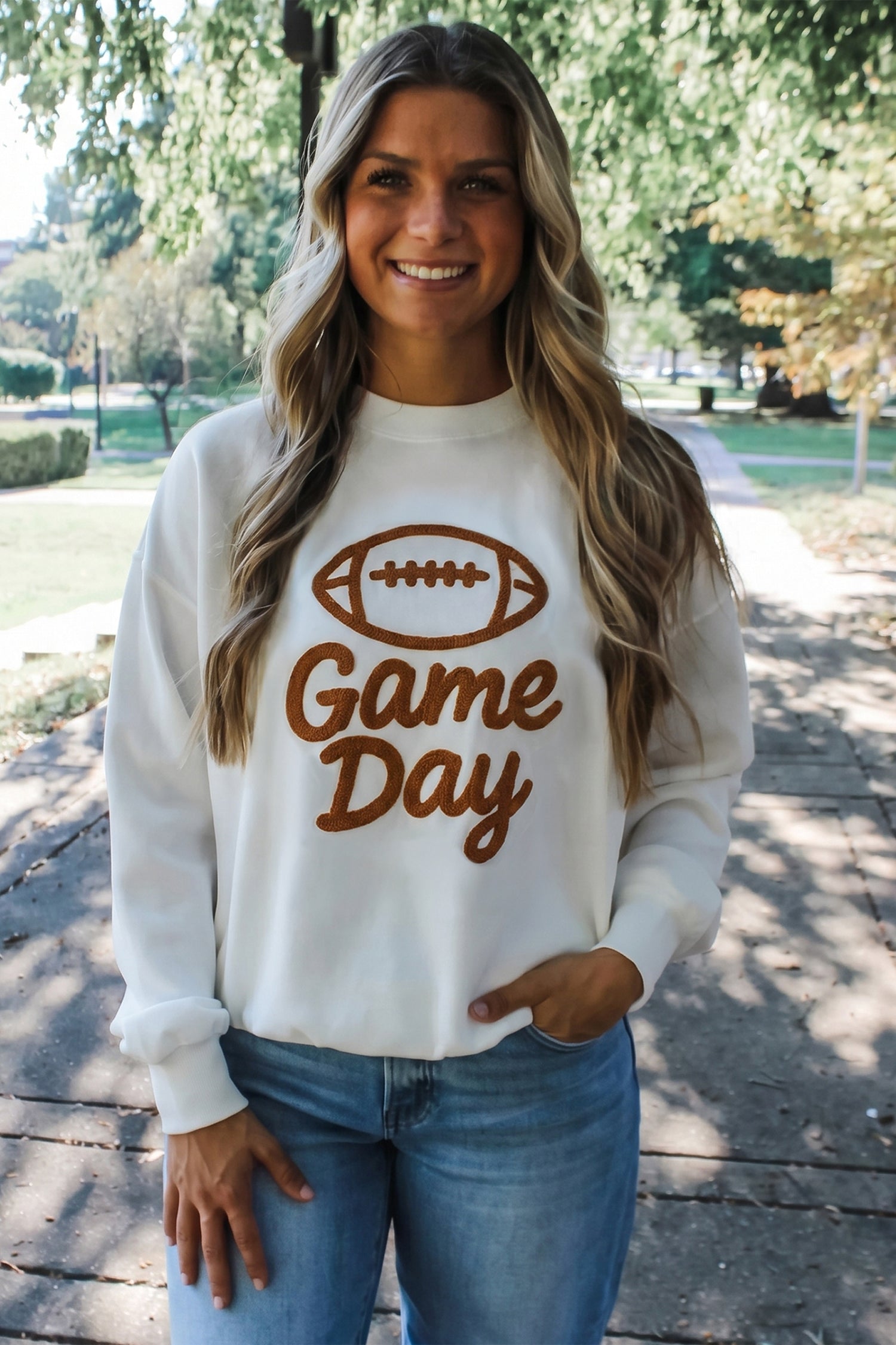 White Embroidered Slogan Game Day Rugby Pattern Crewneck Sweatshirt