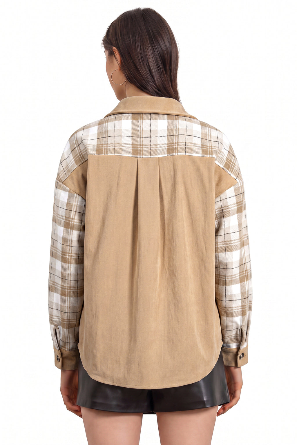 Light French Beige Plaid Colorblock Shirt Collar Shift Shacket