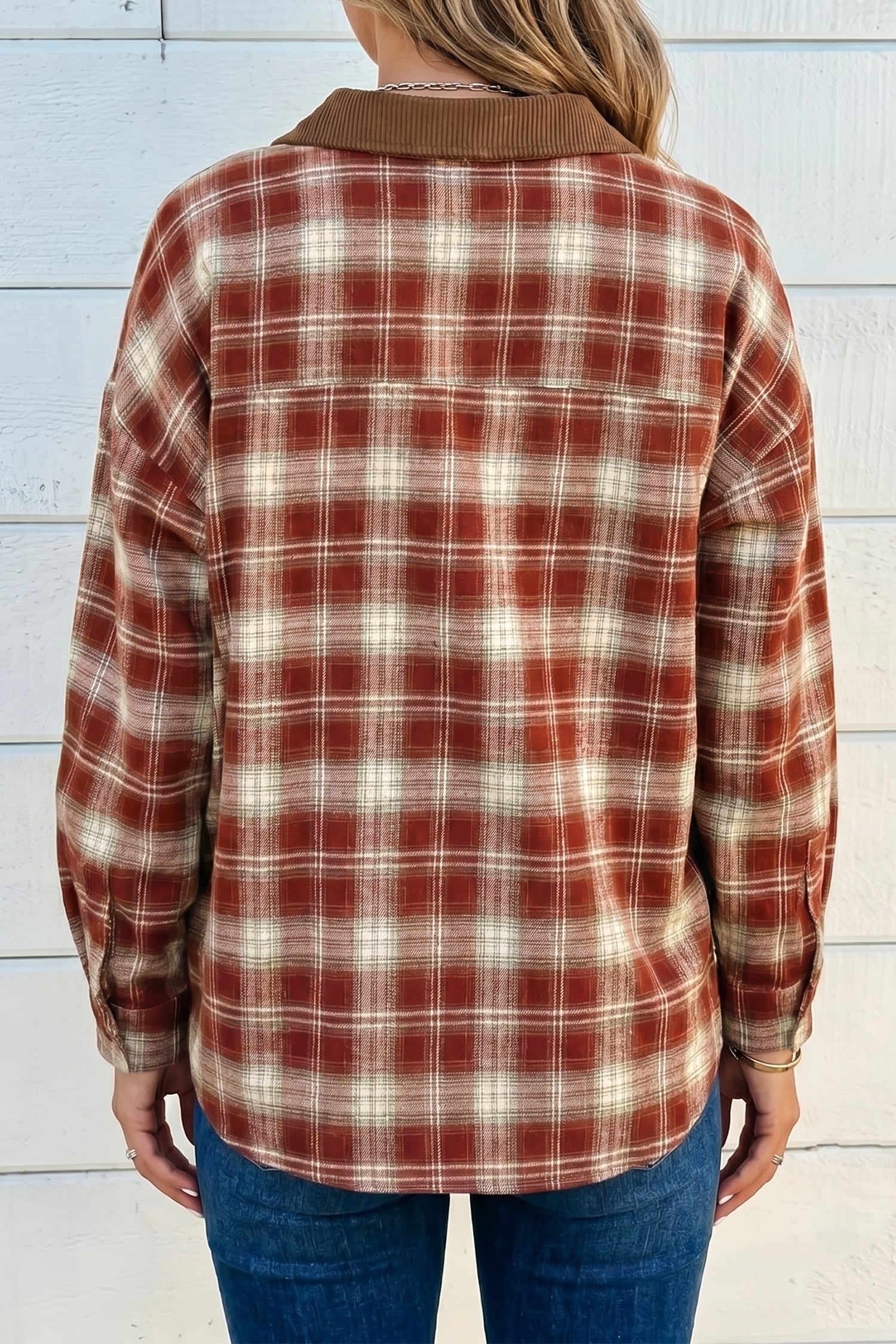 Red Contrast Plaid Long Sleeve Button Down Shirt