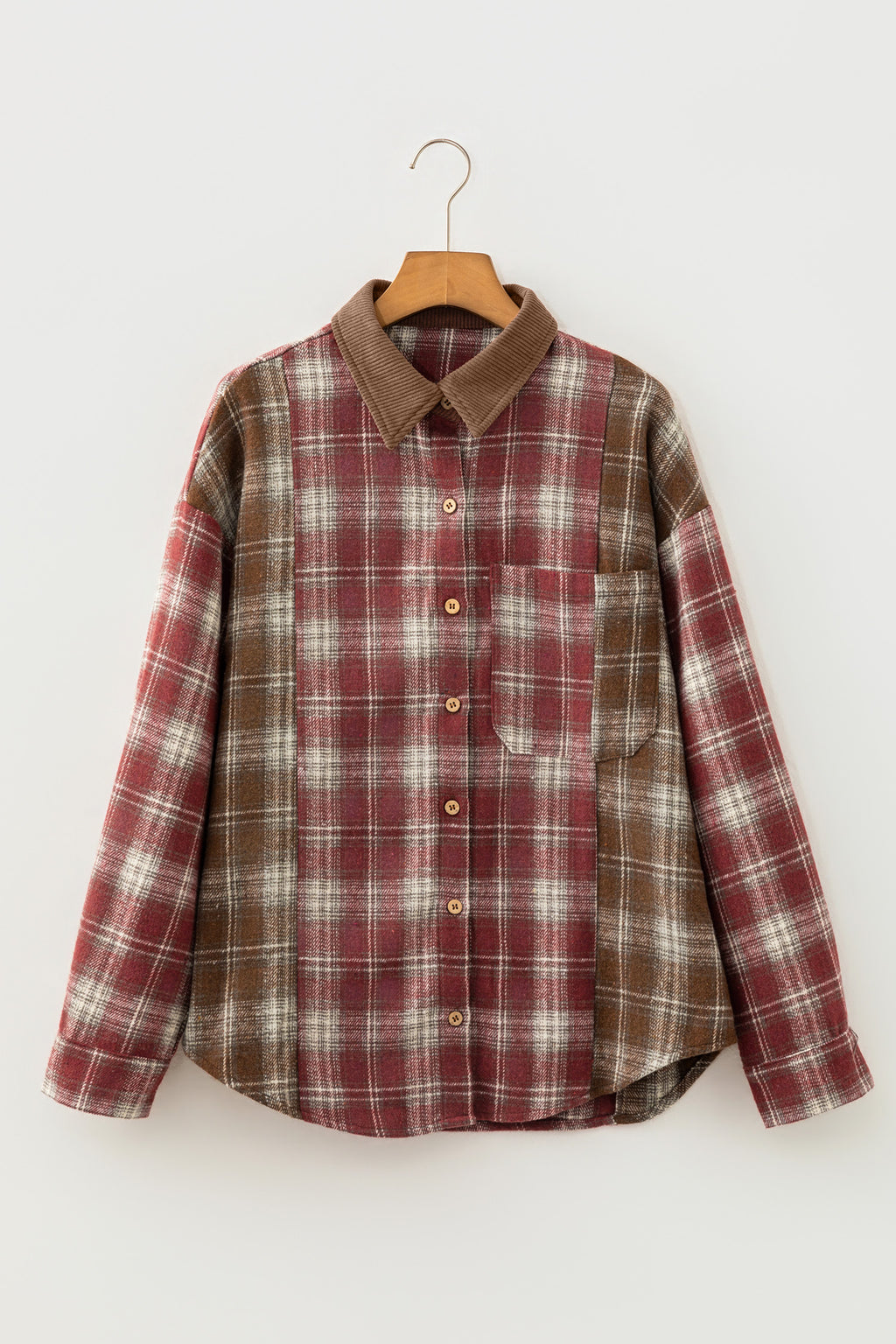 Red Contrast Plaid Long Sleeve Button Down Shirt