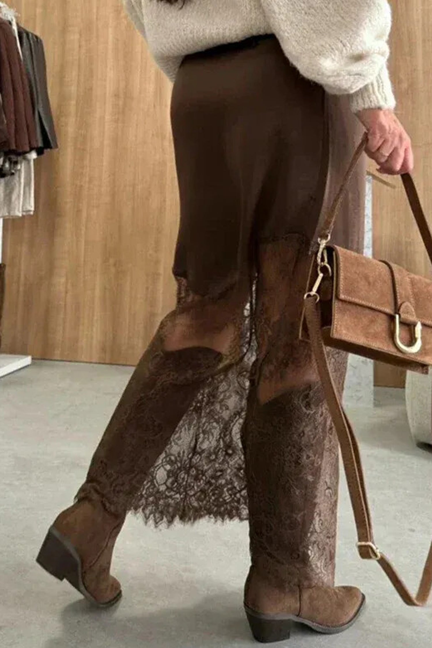 Dark Brown Lace Patchwork Hem Long Casual Shift Skirt