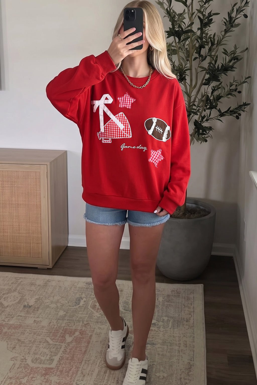 Black Gingham Patch Embroidered Rugby Game Day Stars Sweatshirt
