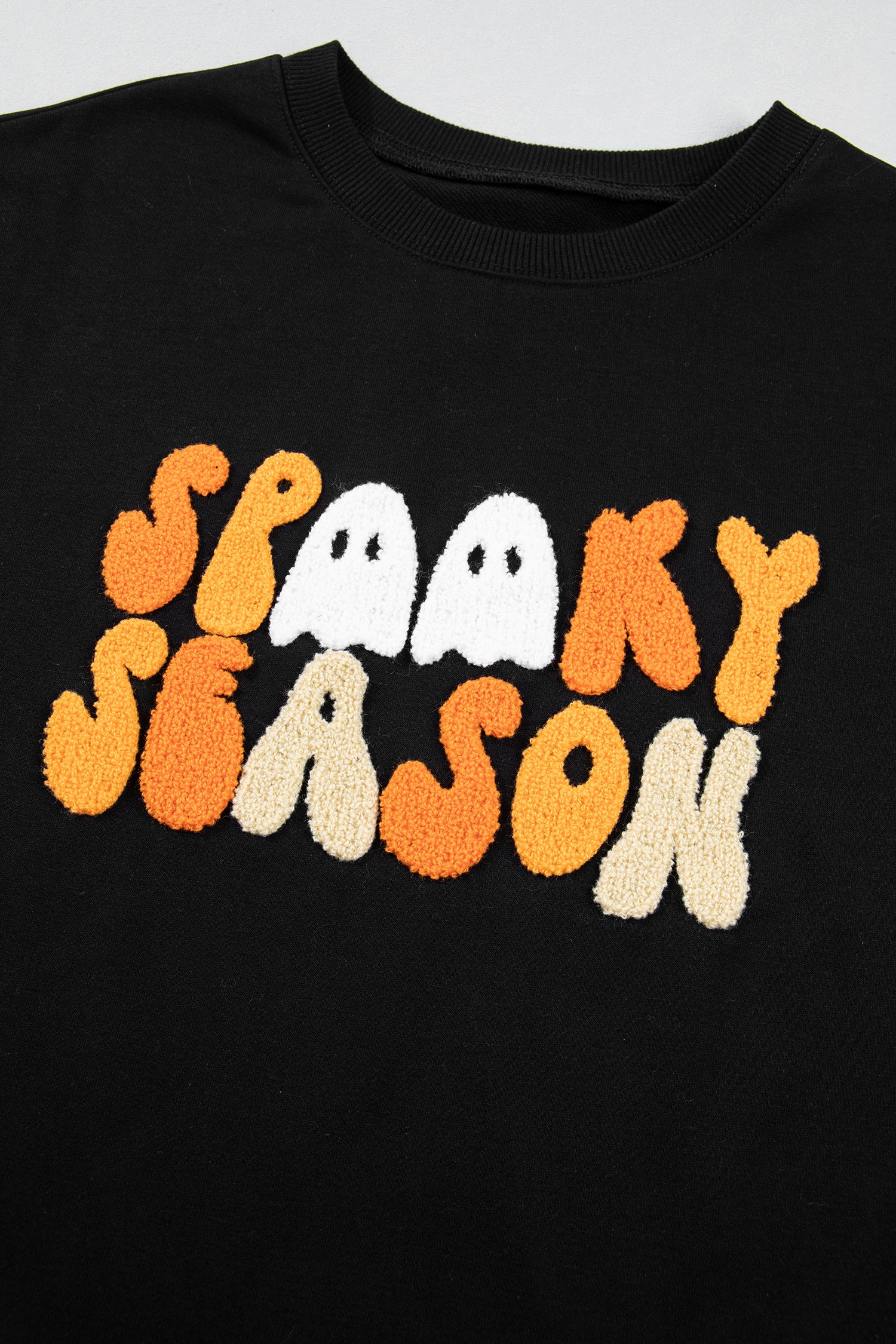 Color black Embroidered Spooky Season Graphic Long Sleeve Round Neck Pullover Sweatshirt