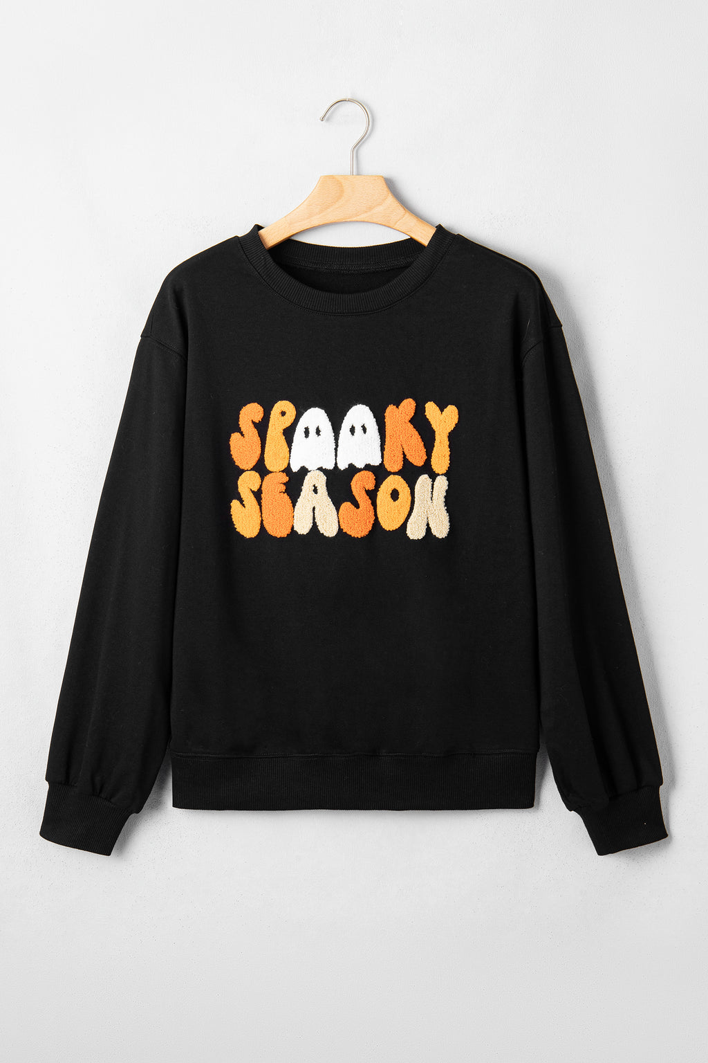 Color black Embroidered Spooky Season Graphic Long Sleeve Round Neck Pullover Sweatshirt