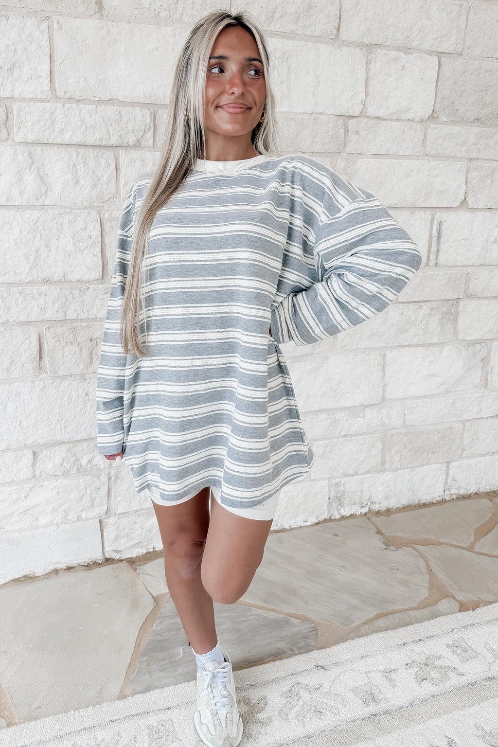 Gray Stripe Long Sleeve Round Neck Tunic Top