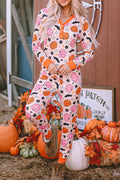 Pink Halloween Pumpkin Print Long Sleeve Home Wear Lounge Set