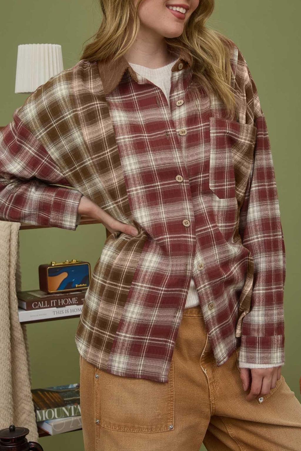 Red Contrast Plaid Long Sleeve Button Down Shirt
