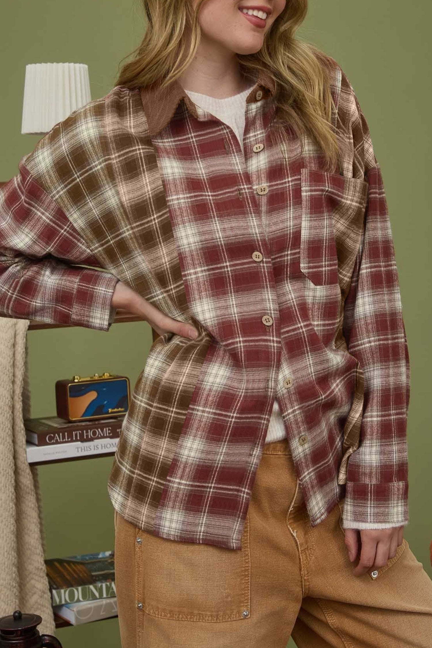 Red Contrast Plaid Long Sleeve Button Down Shirt