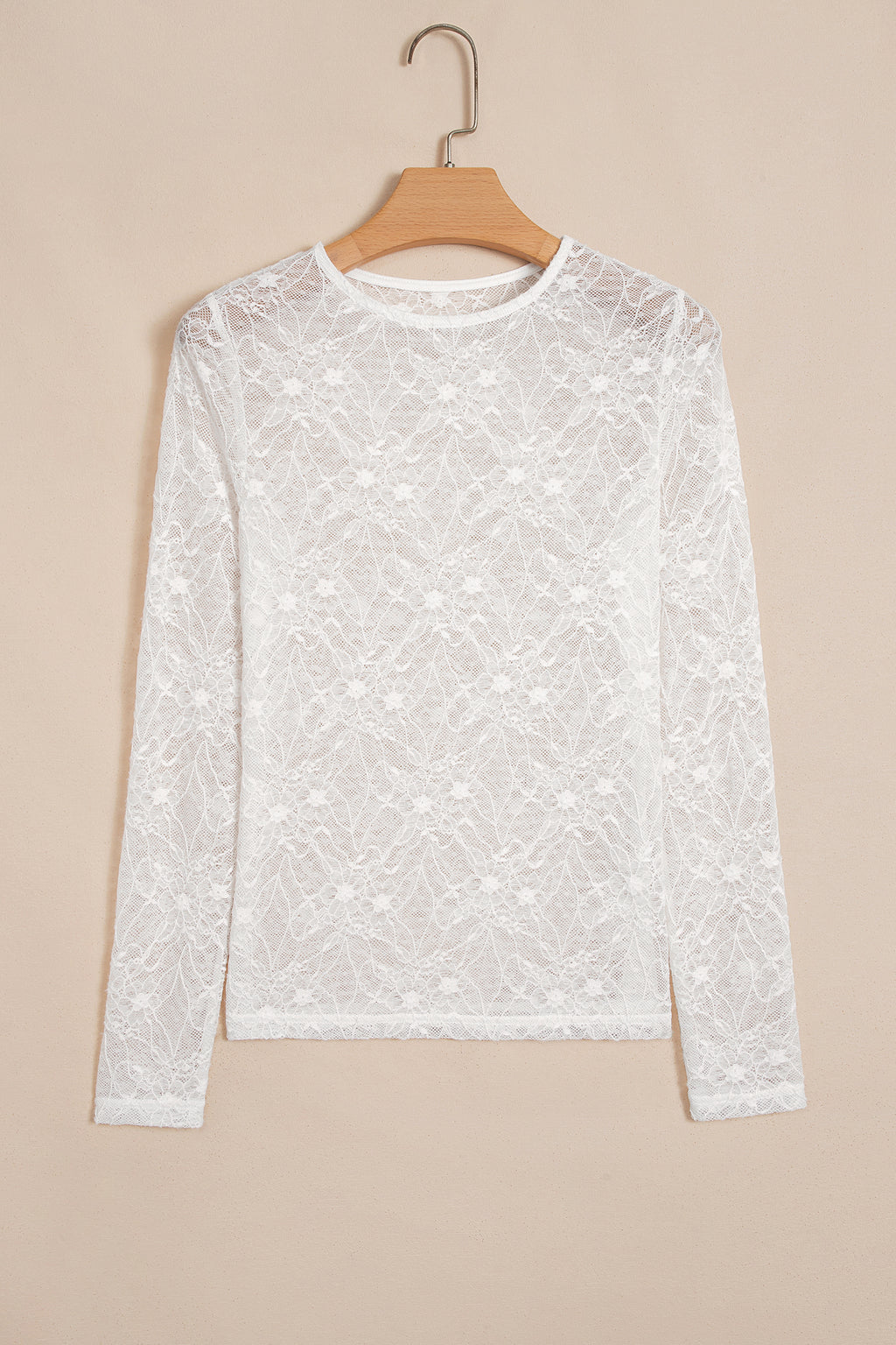 Beige Long Sleeve Sheer Mesh Lace Top