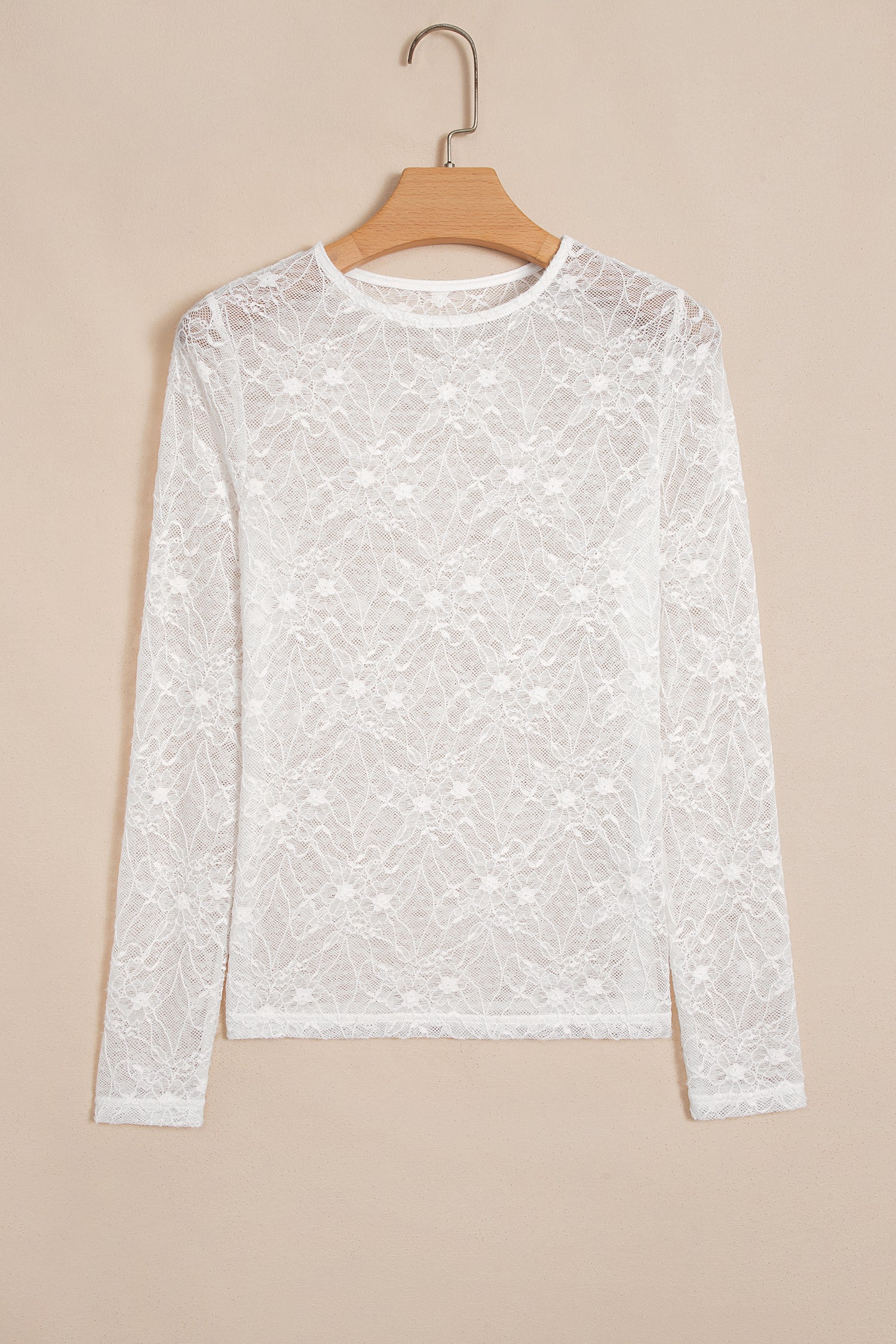 Beige Long Sleeve Sheer Mesh Lace Top