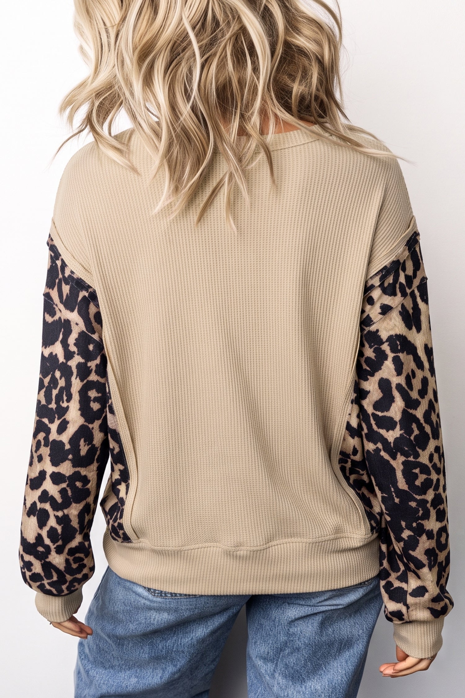 Gray Morn Leopard Sleeve Waffle Knit Split Hem Top
