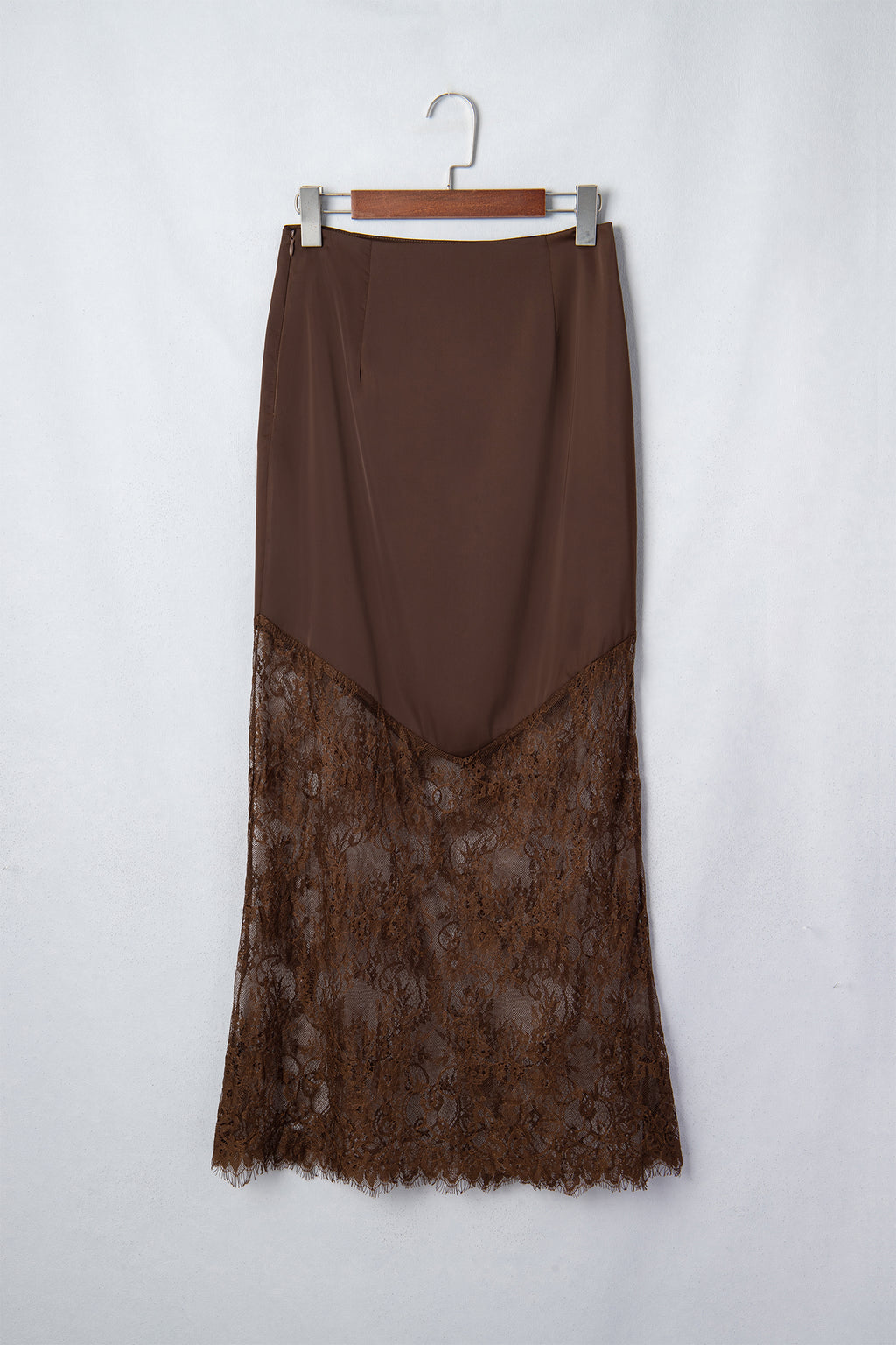 Dark Brown Lace Patchwork Hem Long Casual Shift Skirt