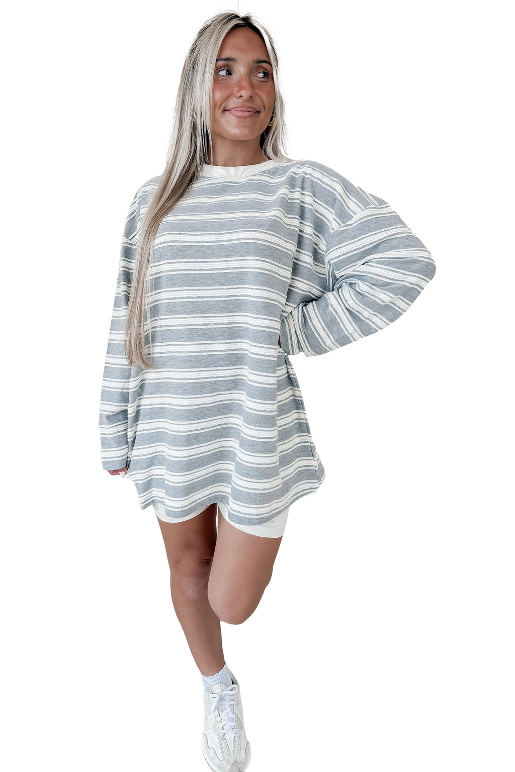 Gray Stripe Long Sleeve Round Neck Tunic Top