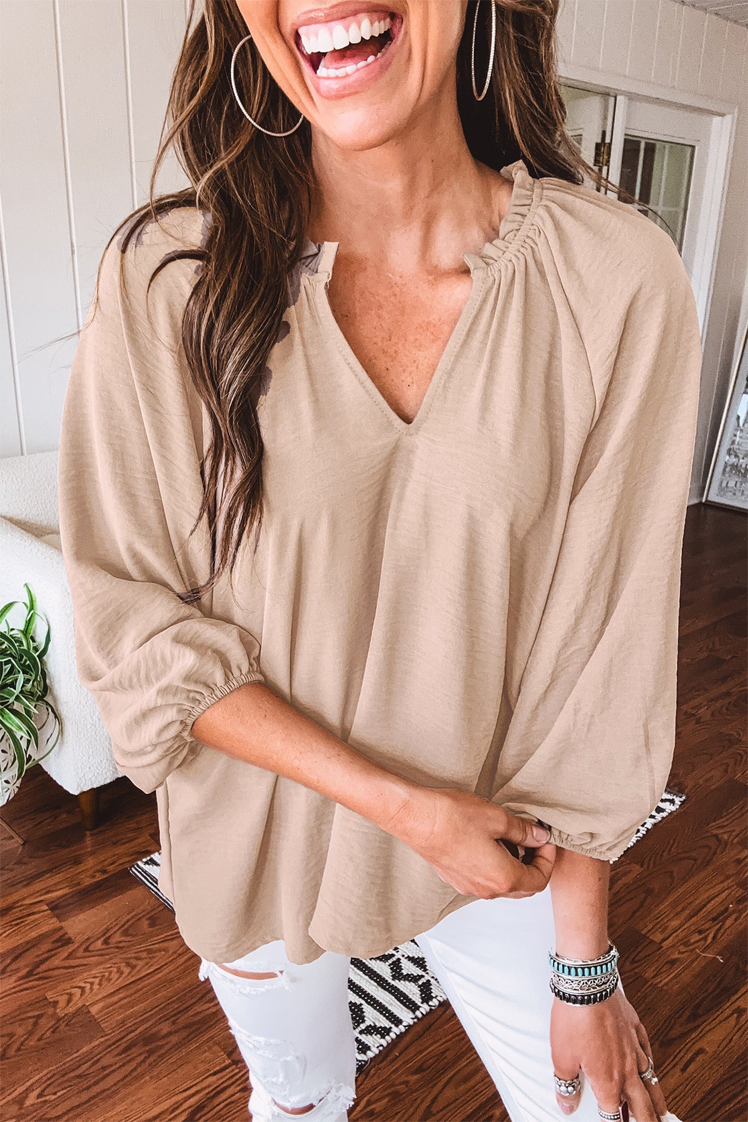 Parchment V Neck Gathered Cuff Three Quarter Sleeve Blouse