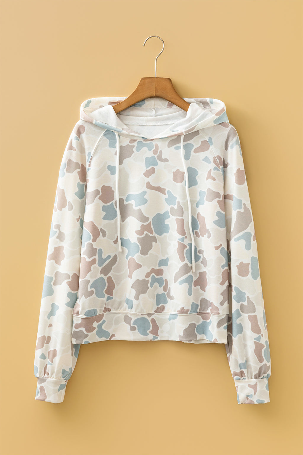 Beige Camouflage Print Relaxed Drawstring Hoodie