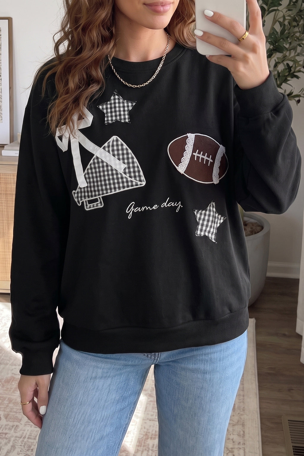 Black Gingham Patch Embroidered Rugby Game Day Stars Sweatshirt