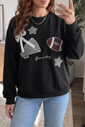 Black Gingham Patch Embroidered Rugby Game Day Stars Sweatshirt