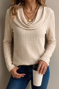 Apricot Solid Color Ribbed Knit Cowl Neck Long Sleeve Top