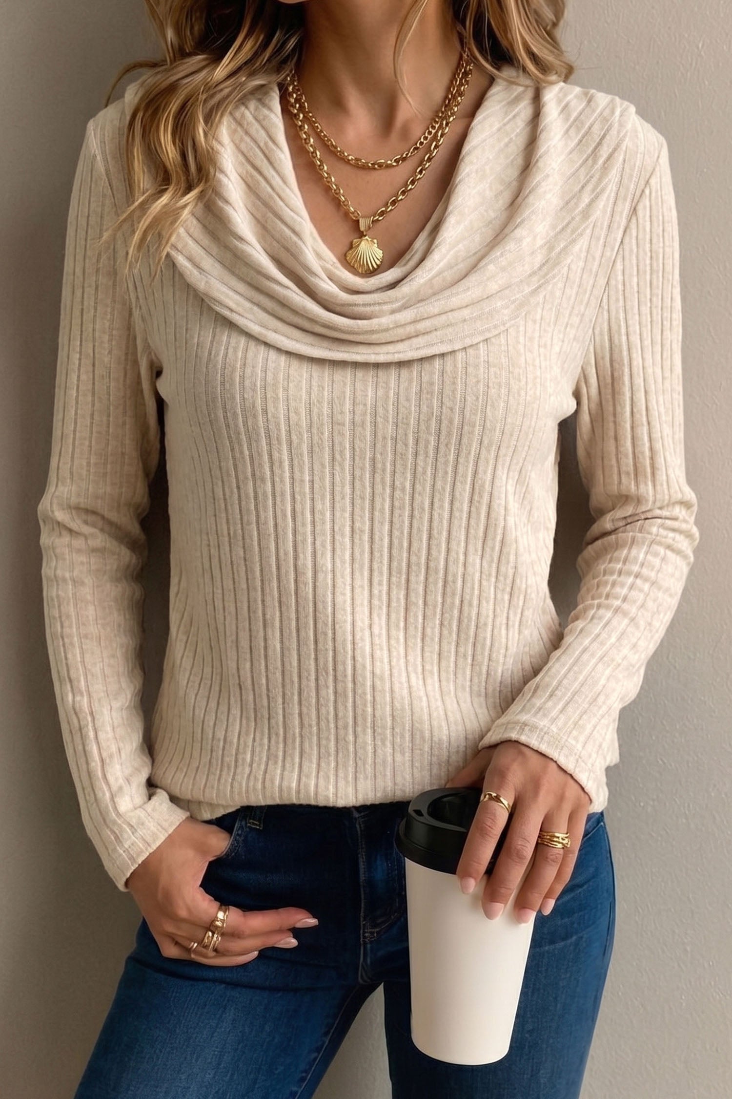 Apricot Solid Color Ribbed Knit Cowl Neck Long Sleeve Top