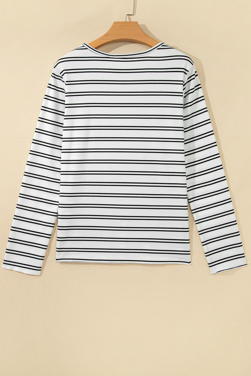 Beige Stripe Ribbed Knit Round Neck Long Sleeve Top