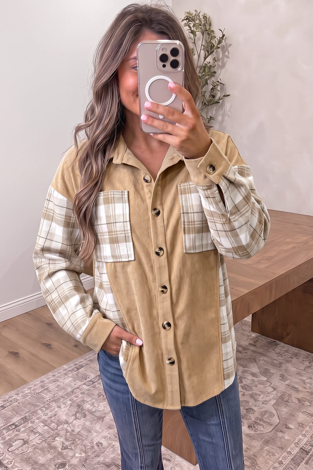 Light French Beige Plaid Colorblock Shirt Collar Shift Shacket