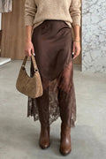 Dark Brown Lace Patchwork Hem Long Casual Shift Skirt