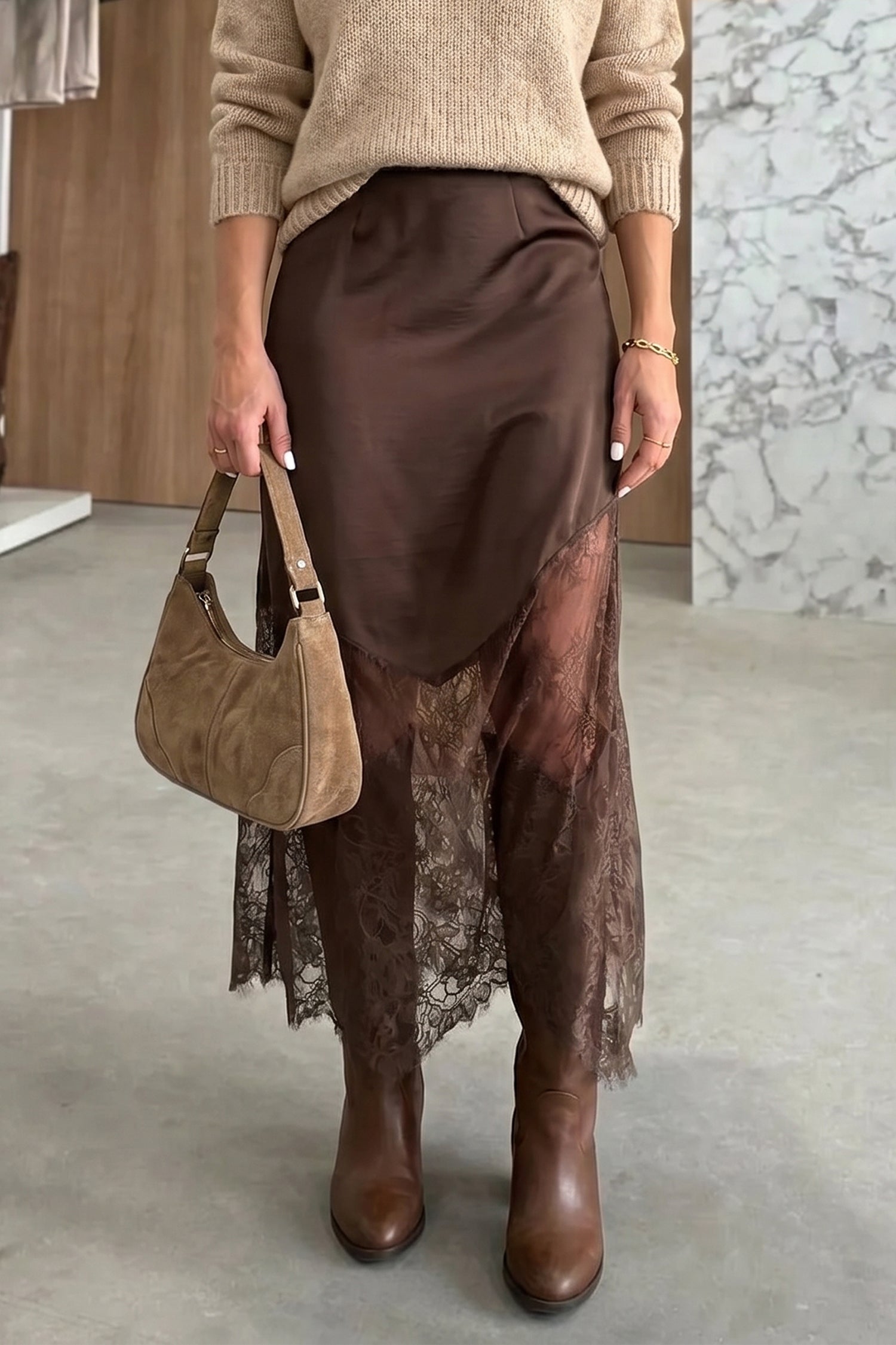 Dark Brown Lace Patchwork Hem Long Casual Shift Skirt