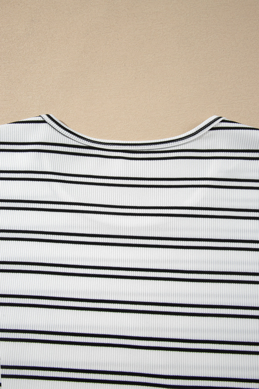Beige Stripe Ribbed Knit Round Neck Long Sleeve Top