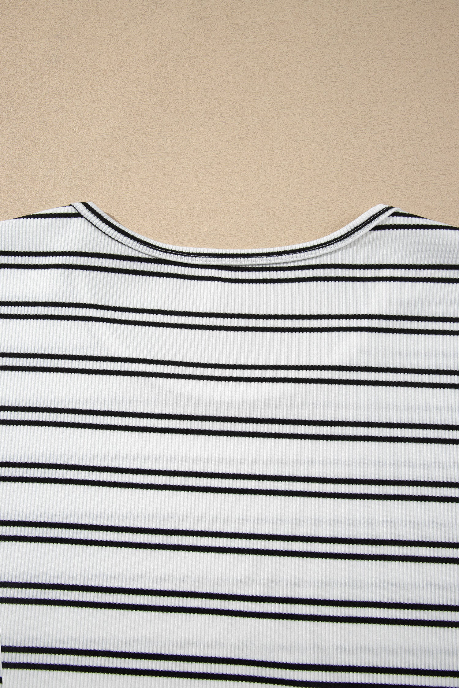 Beige Stripe Ribbed Knit Round Neck Long Sleeve Top
