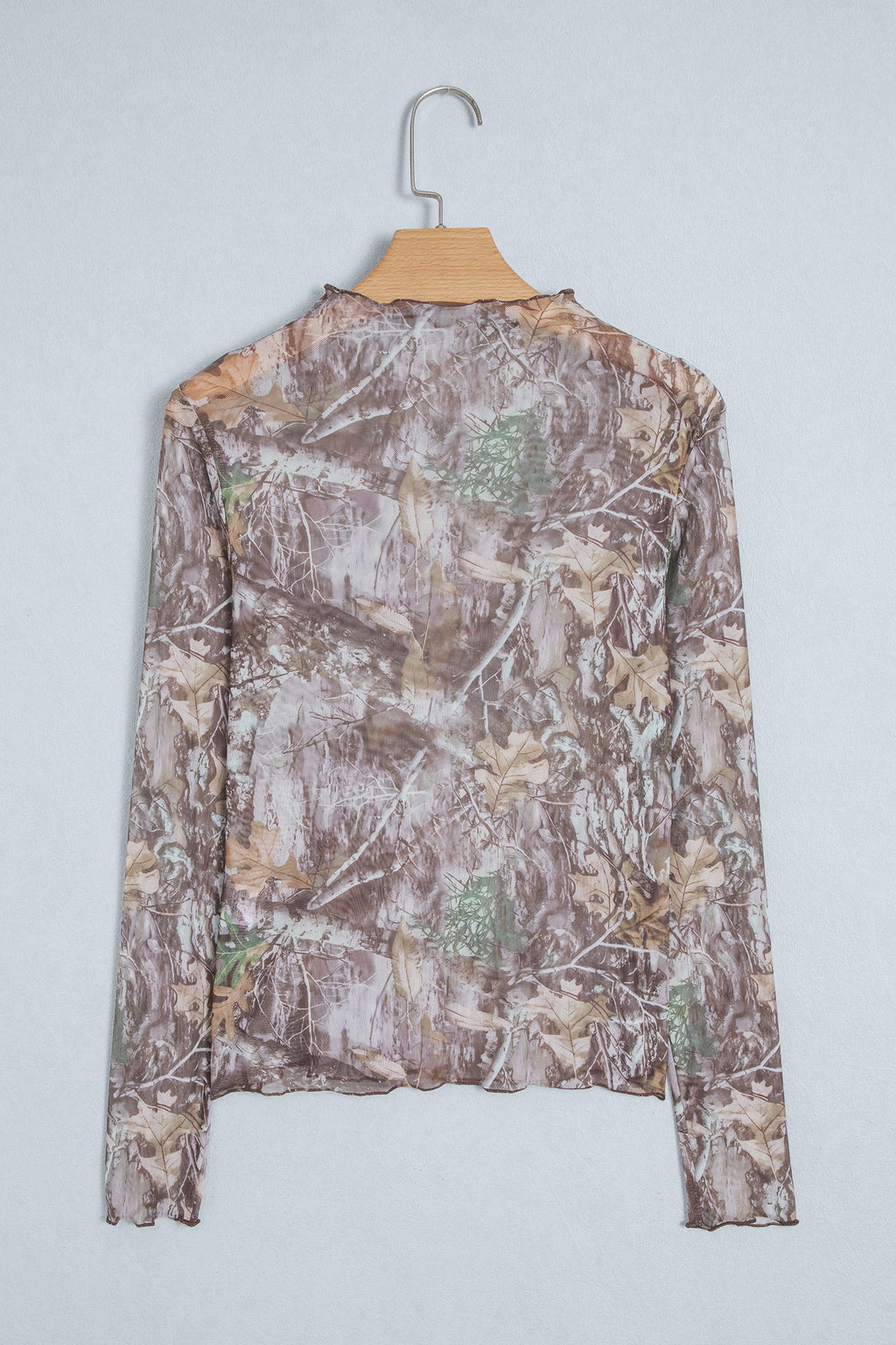 Smoke Gray Floral Print Slim Fit Mesh Long Sleeve Mock Neck Top