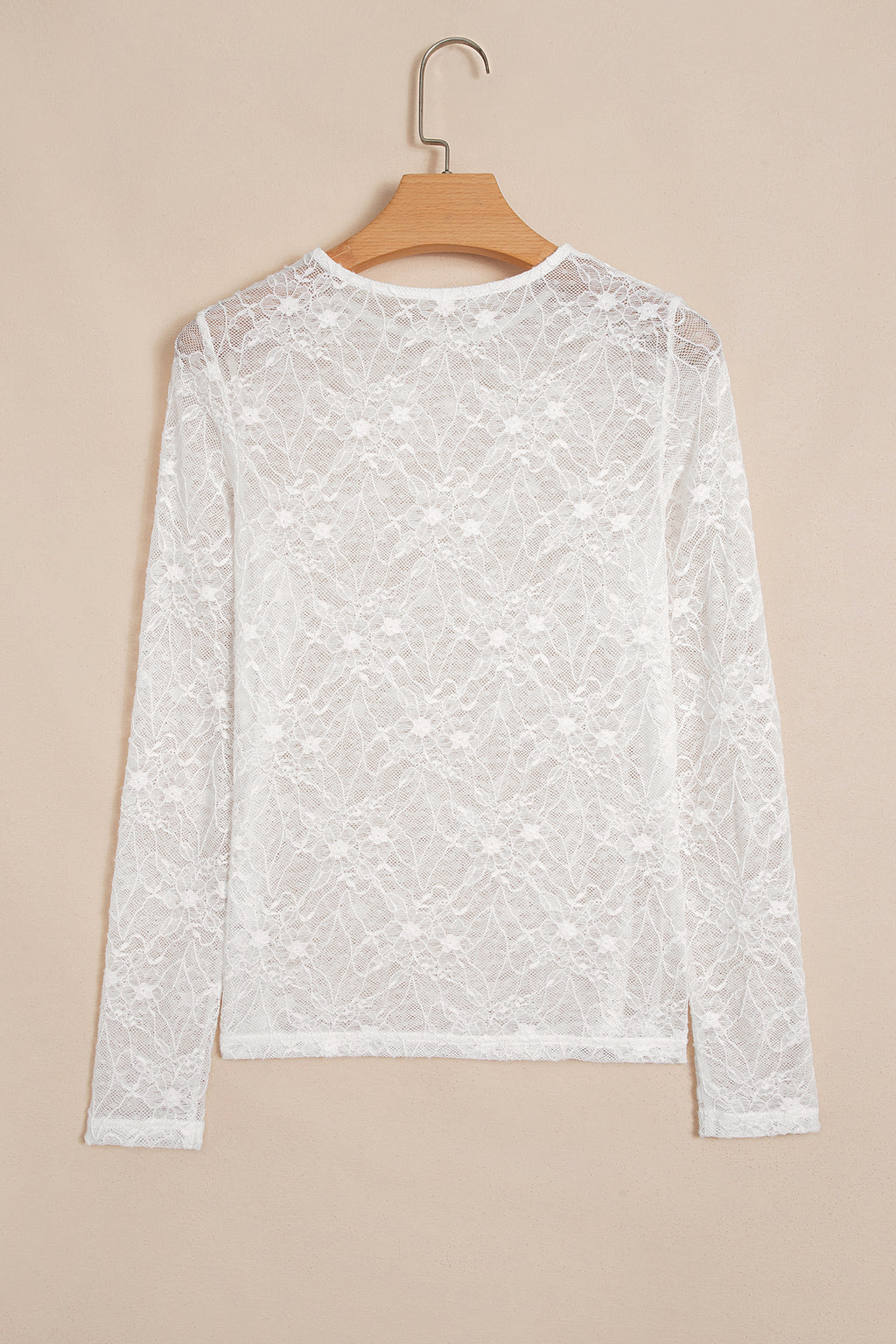Beige Long Sleeve Sheer Mesh Lace Top
