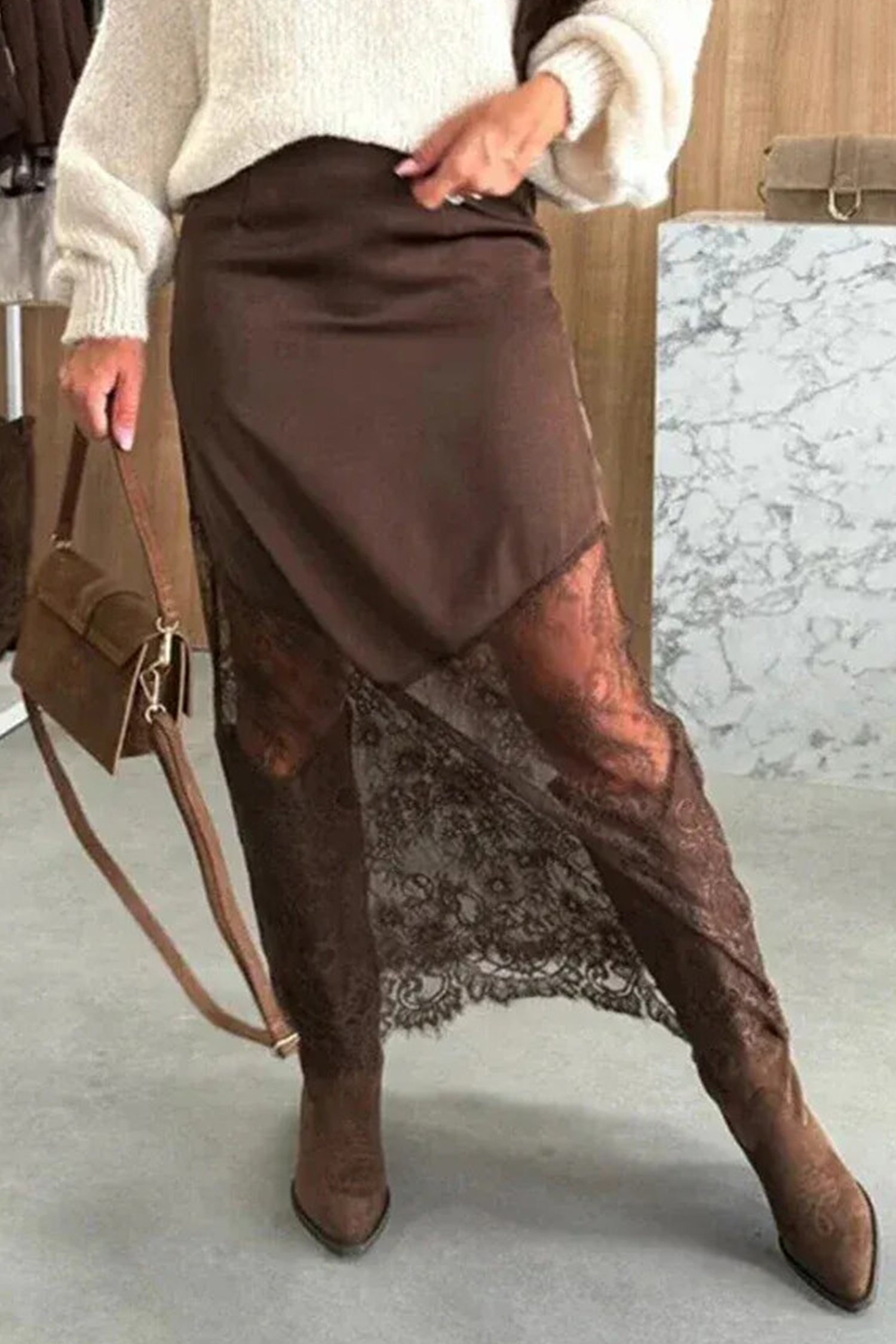 Dark Brown Lace Patchwork Hem Long Casual Shift Skirt