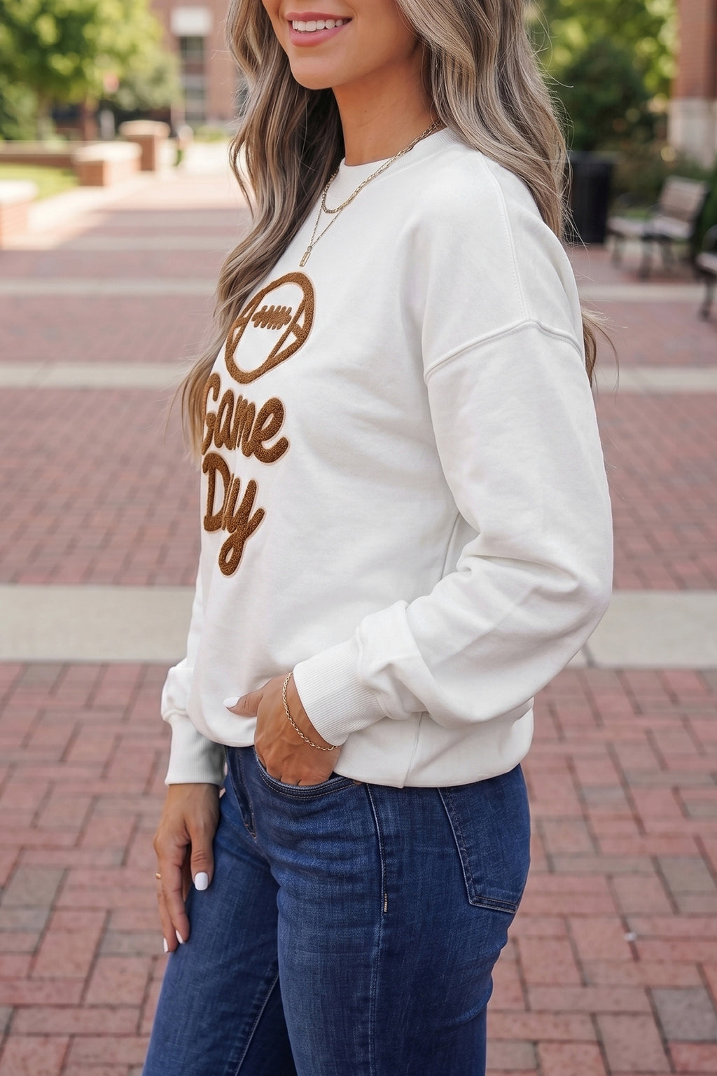 White Embroidered Slogan Game Day Rugby Pattern Crewneck Sweatshirt