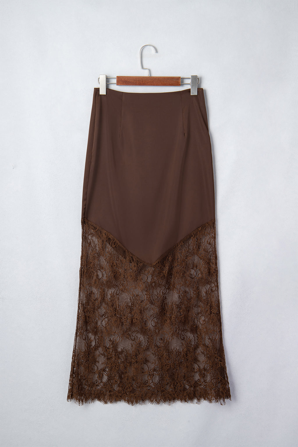 Dark Brown Lace Patchwork Hem Long Casual Shift Skirt