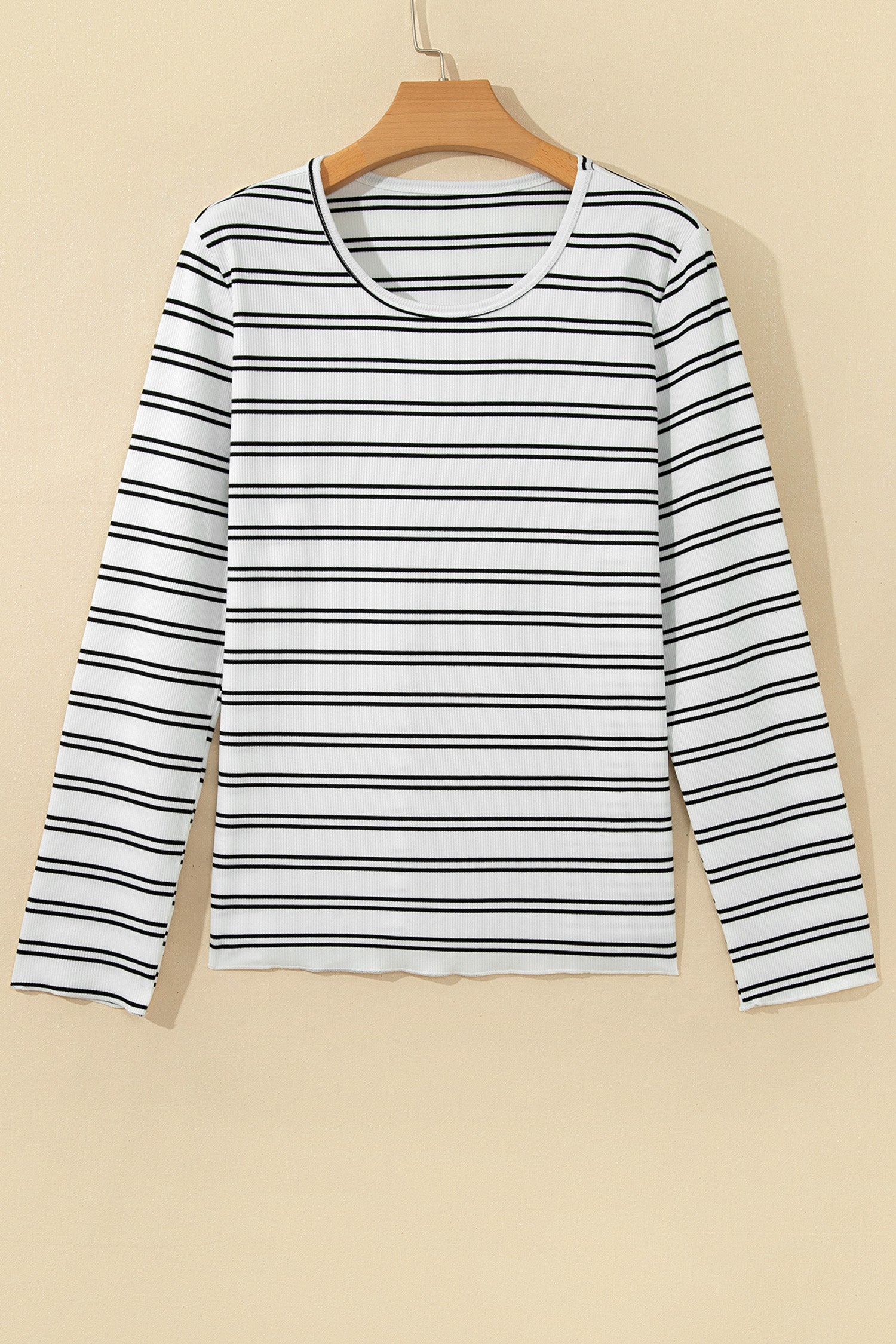 Beige Stripe Ribbed Knit Round Neck Long Sleeve Top
