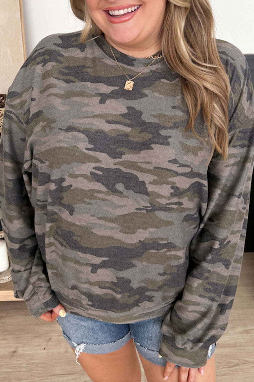 Green Camo Print Long Sleeve Plus Size Blouse