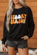 Color black Embroidered Spooky Season Graphic Long Sleeve Round Neck Pullover Sweatshirt