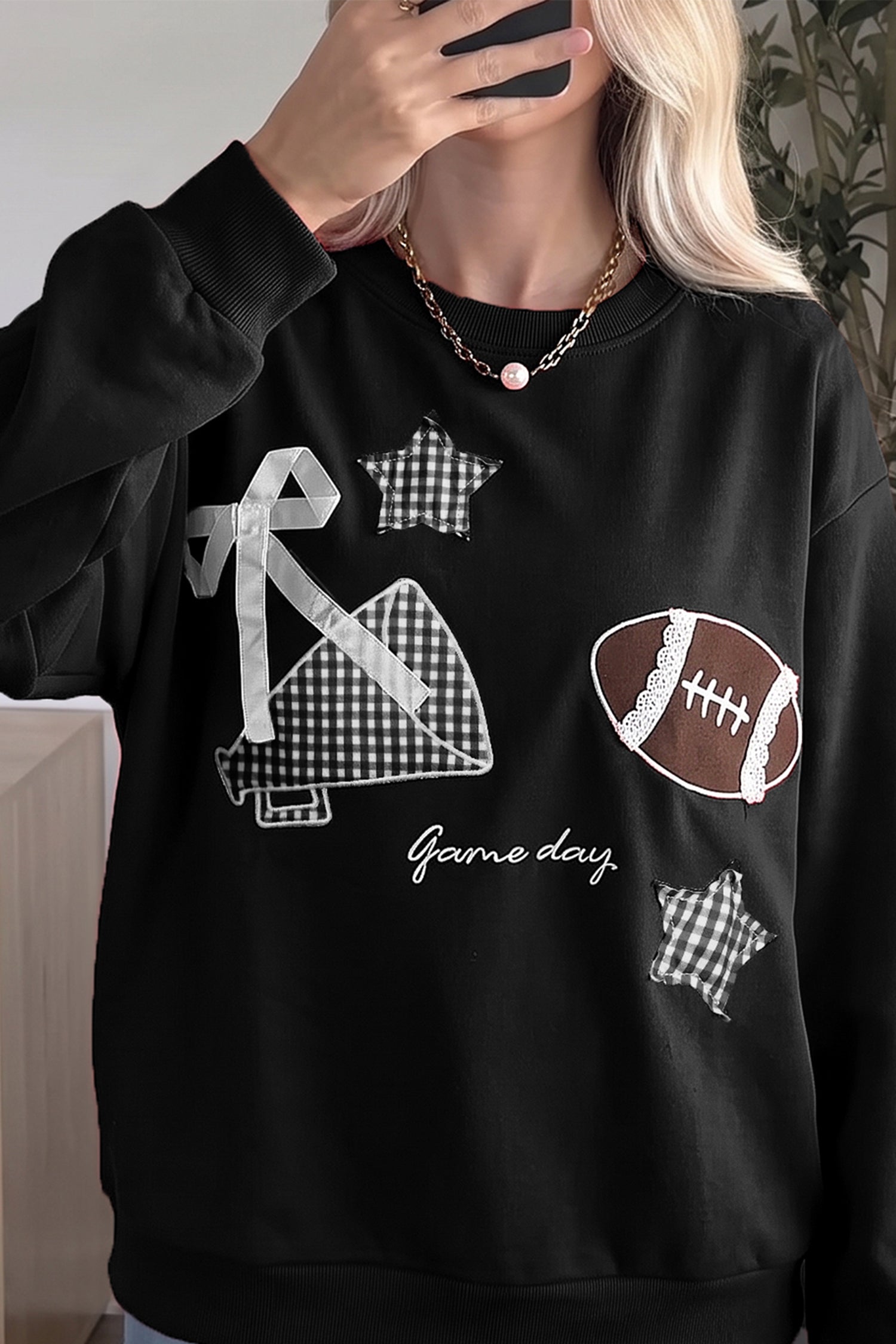 Black Gingham Patch Embroidered Rugby Game Day Stars Sweatshirt