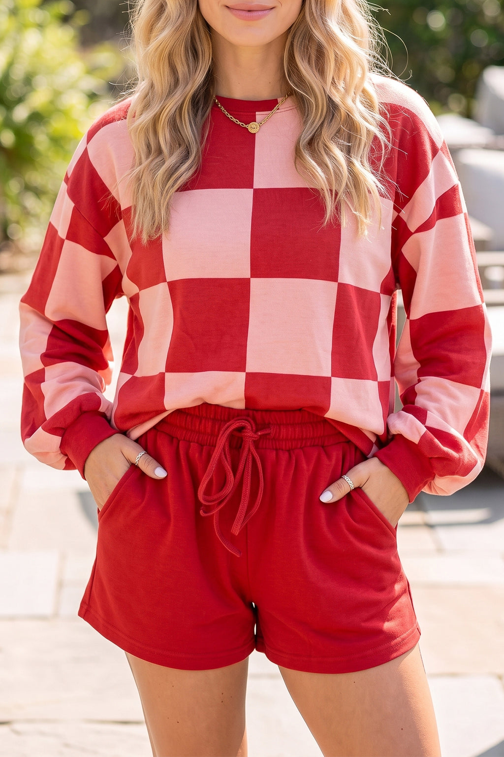 Khaki Checkerboard Plaid Long Sleeve Solid Color Shorts 2pcs Set