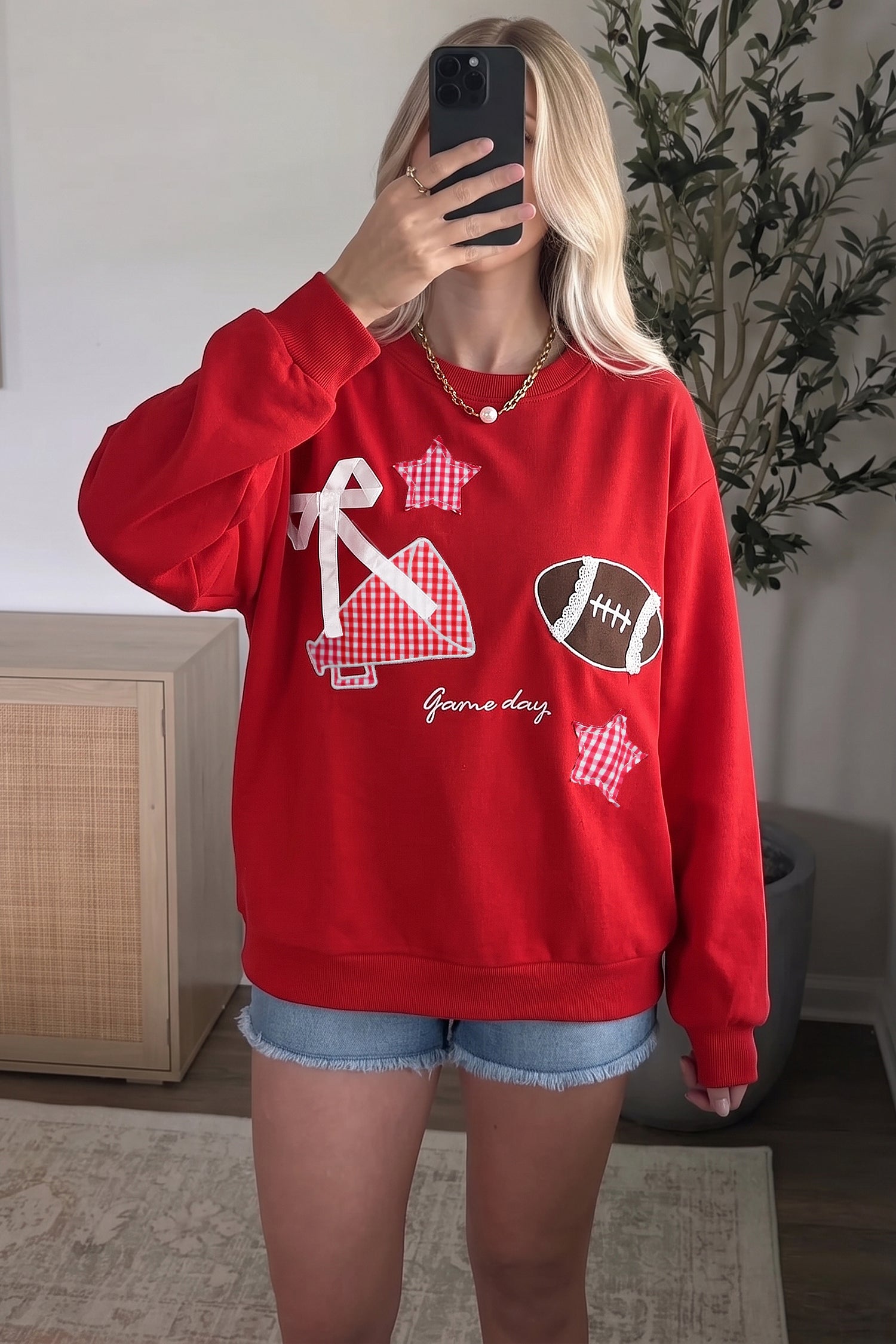 Black Gingham Patch Embroidered Rugby Game Day Stars Sweatshirt