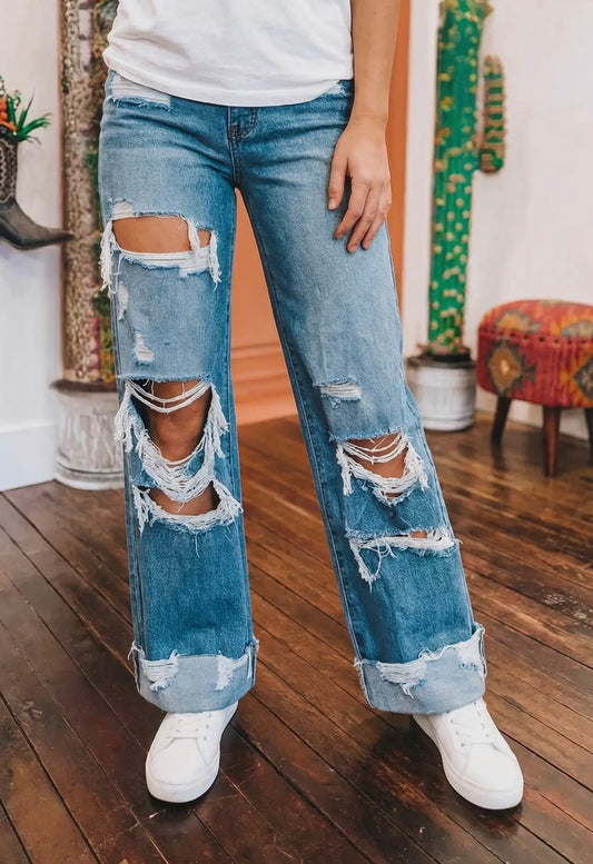 Western Solid Ripped Wide Leg Jeans