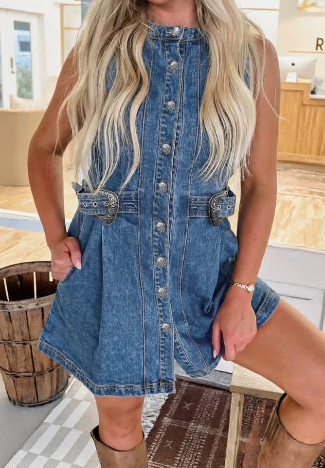 Western Belt Detail Button Down Sleeveless
Denim Short Dress