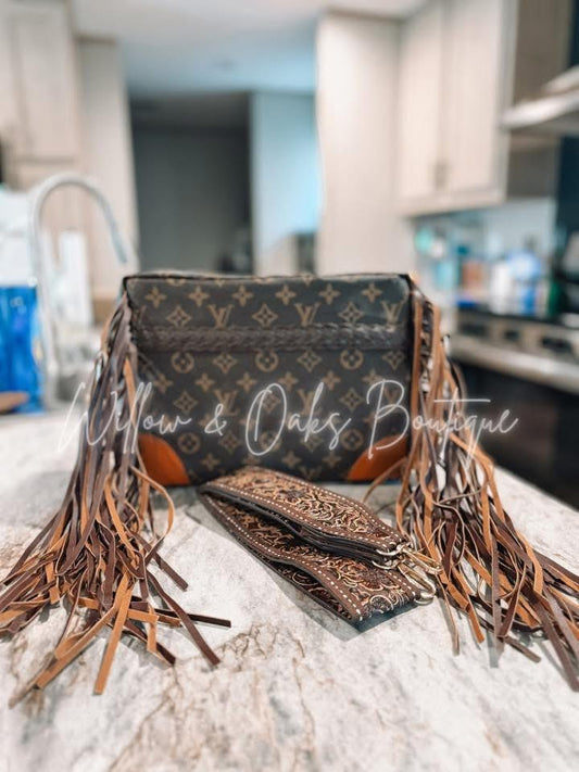 Luxe-fringe tooled strap bag