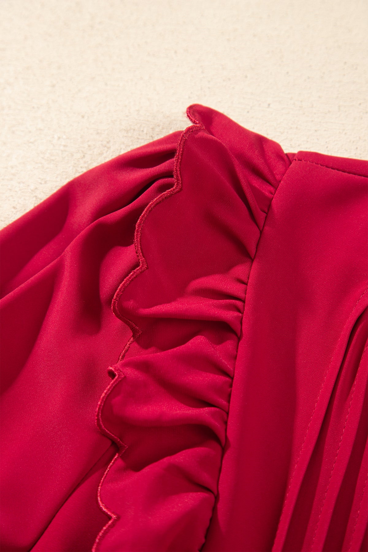 Racing Red Solid Color Ruffle Trim Long Sleeve Tiered Shift Midi Dress