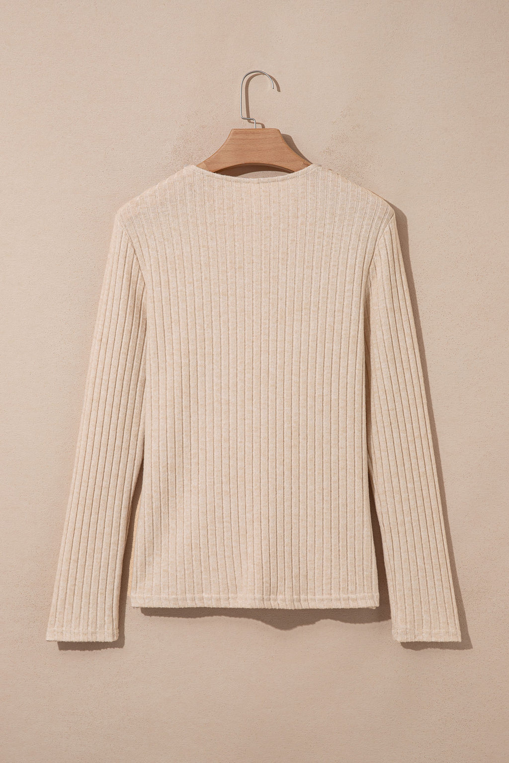 Apricot Solid Color Ribbed Knit Cowl Neck Long Sleeve Top