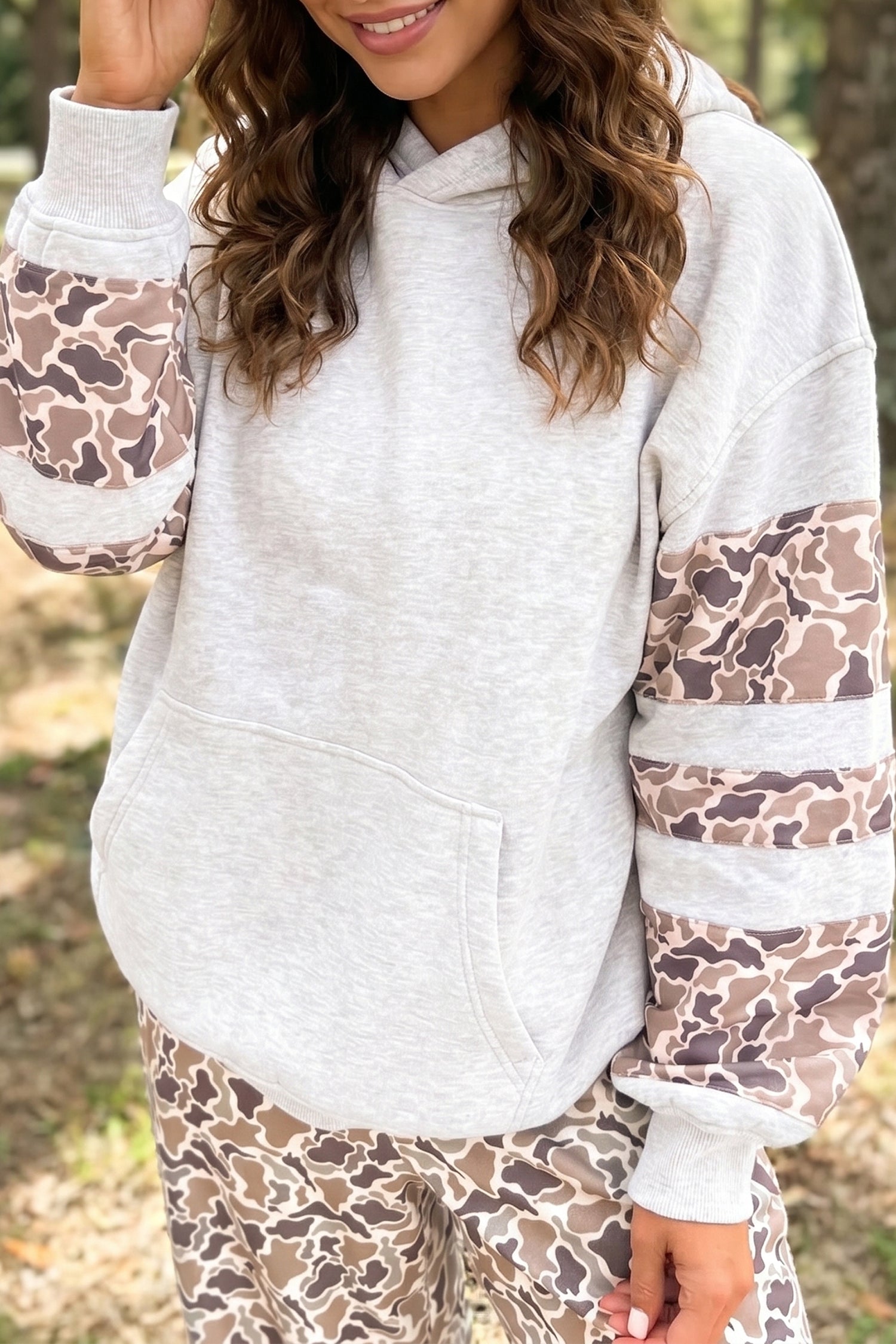 Light Grey Patchwork Camo Long Sleeve Hoodie